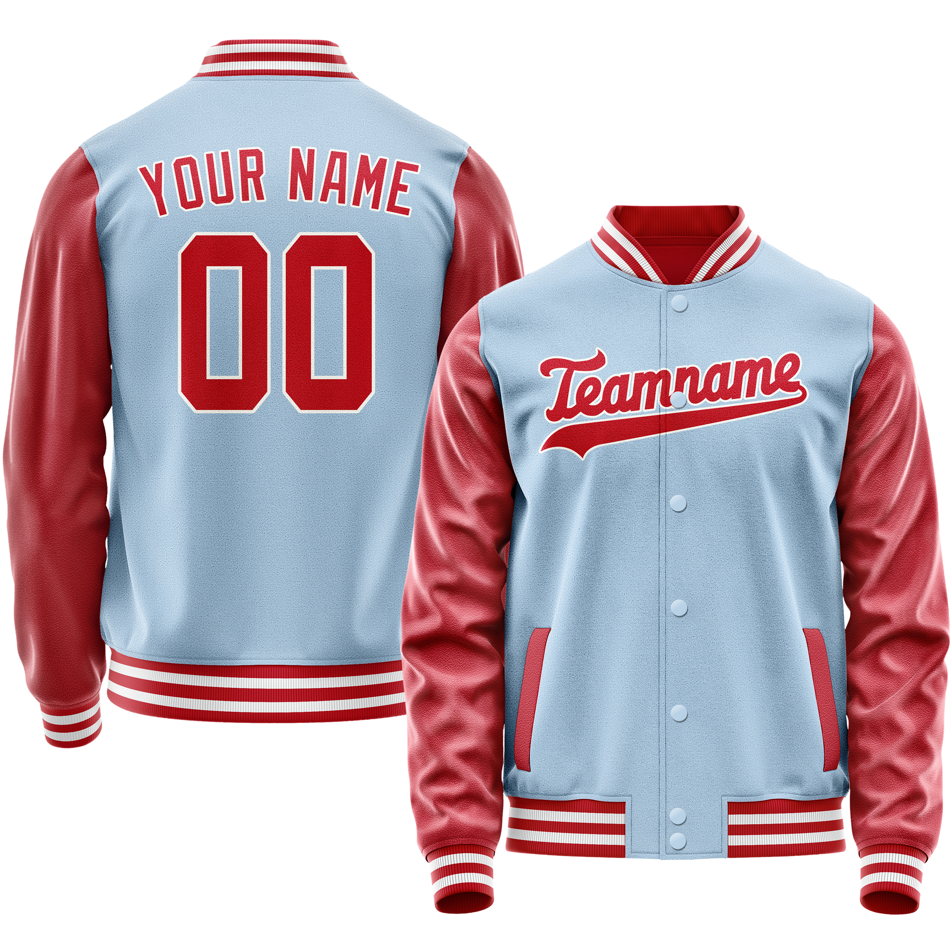 Custom Light-Blue Red Solid Color Varsity Letterman Jacket JA02240617JC247