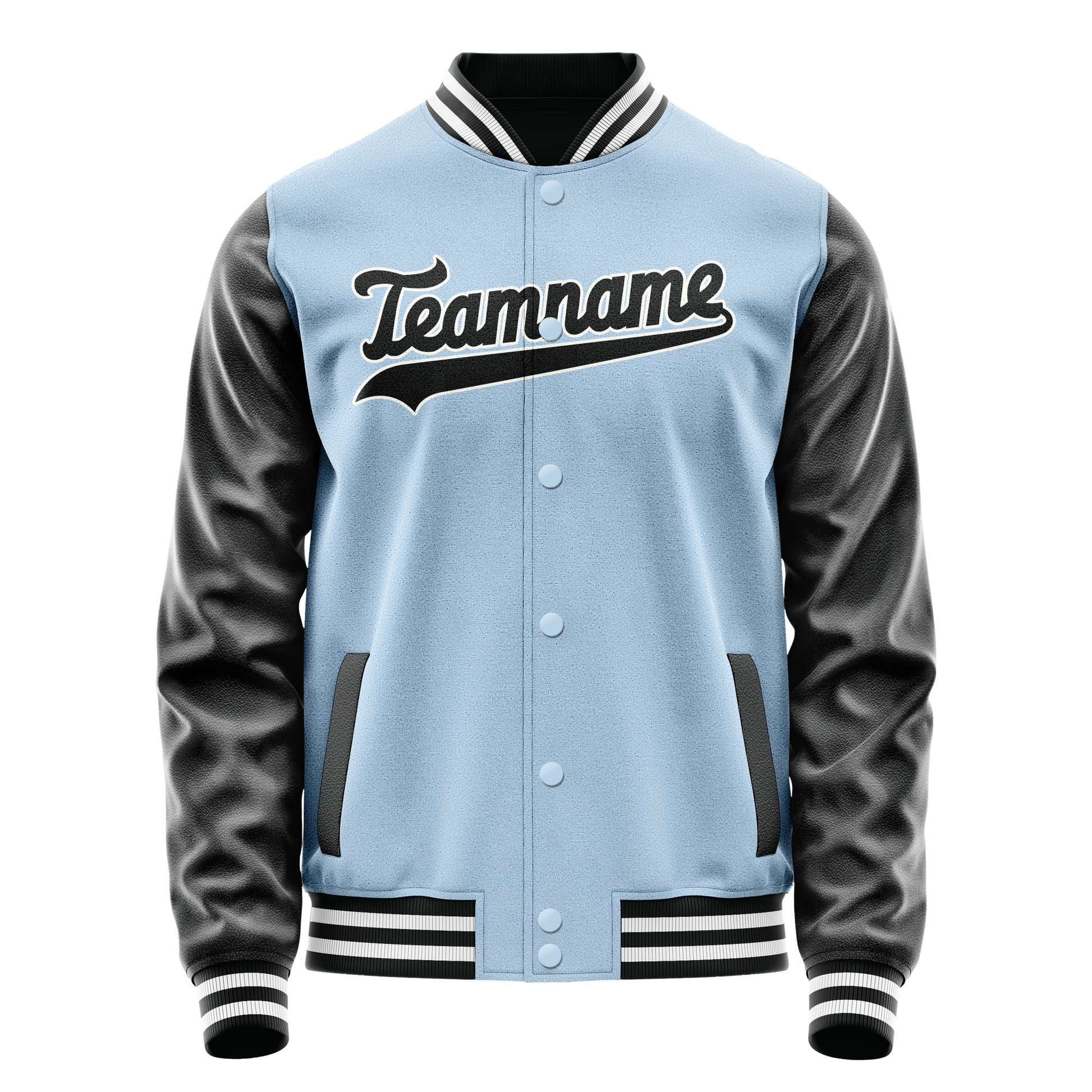 Custom Light-Blue Black Solid Color Varsity Letterman Jacket JA02240617JC258