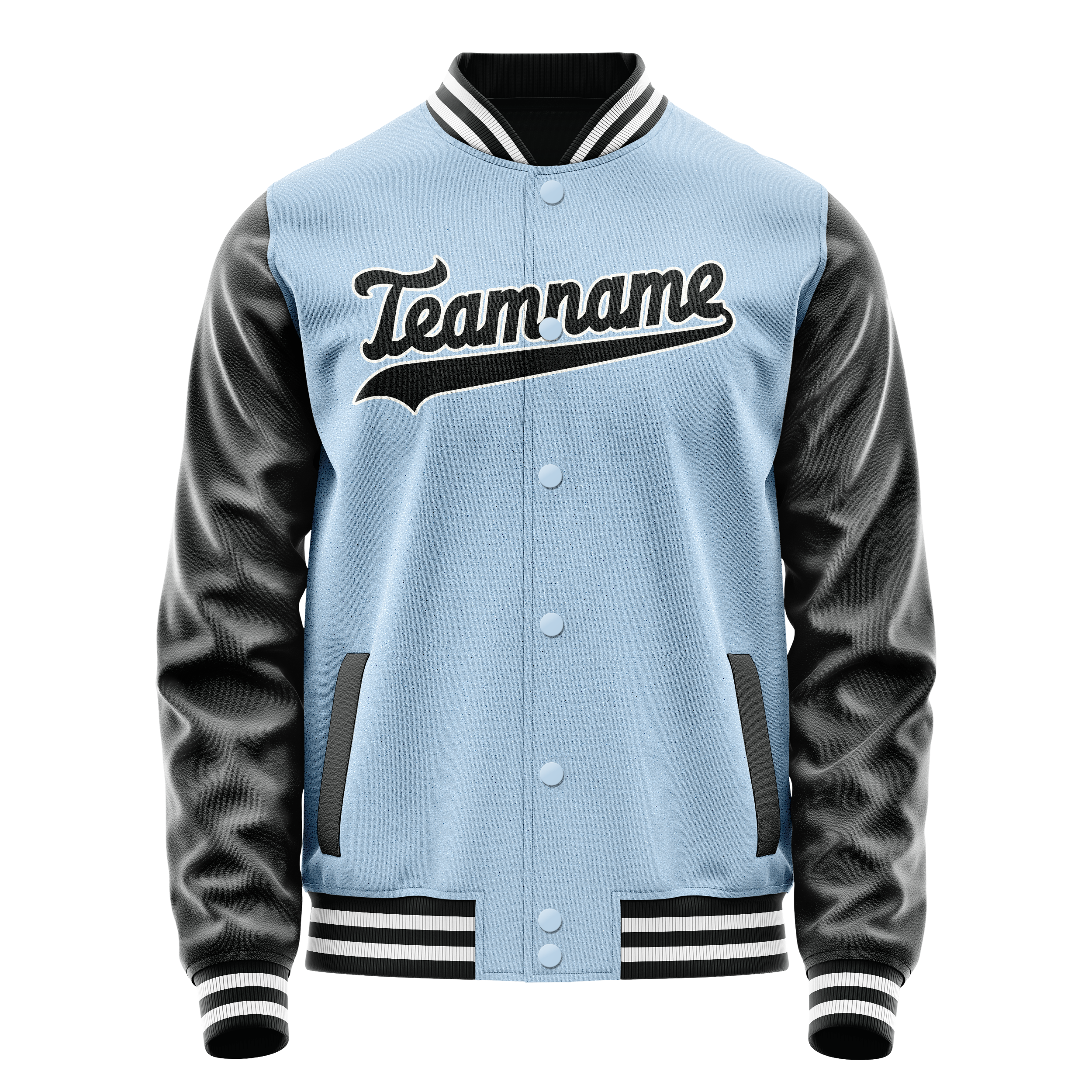 Custom Light-Blue Black Solid Color Varsity Letterman Jacket JA02240617JC258