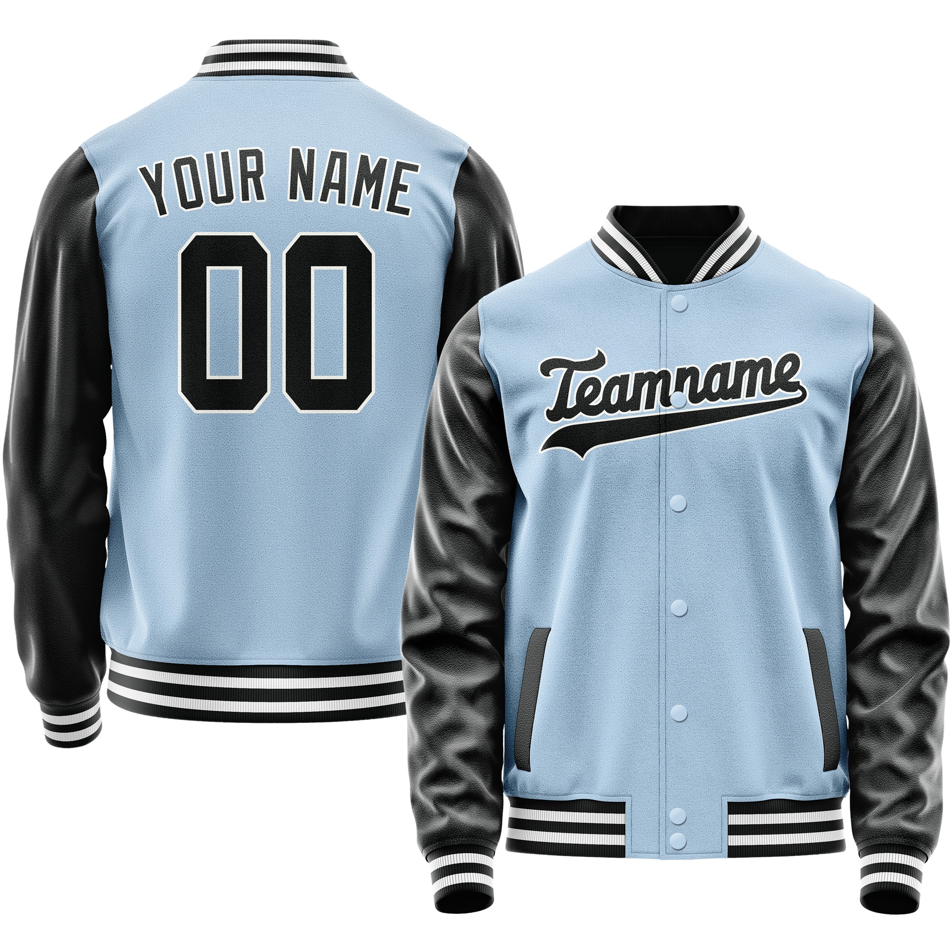 Custom Light-Blue Black Solid Color Varsity Letterman Jacket JA02240617JC258