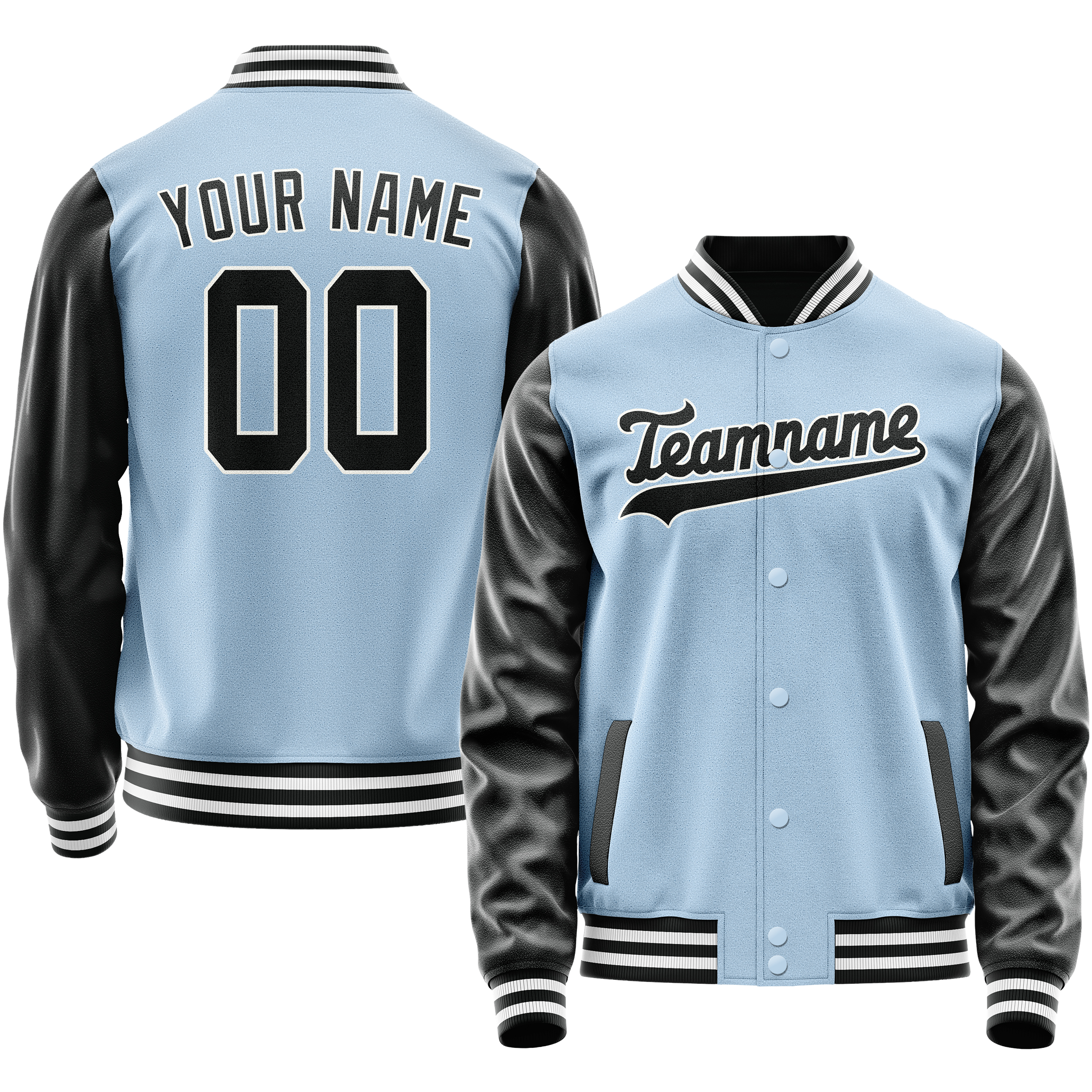 Custom Light-Blue Black Solid Color Varsity Letterman Jacket JA02240617JC258