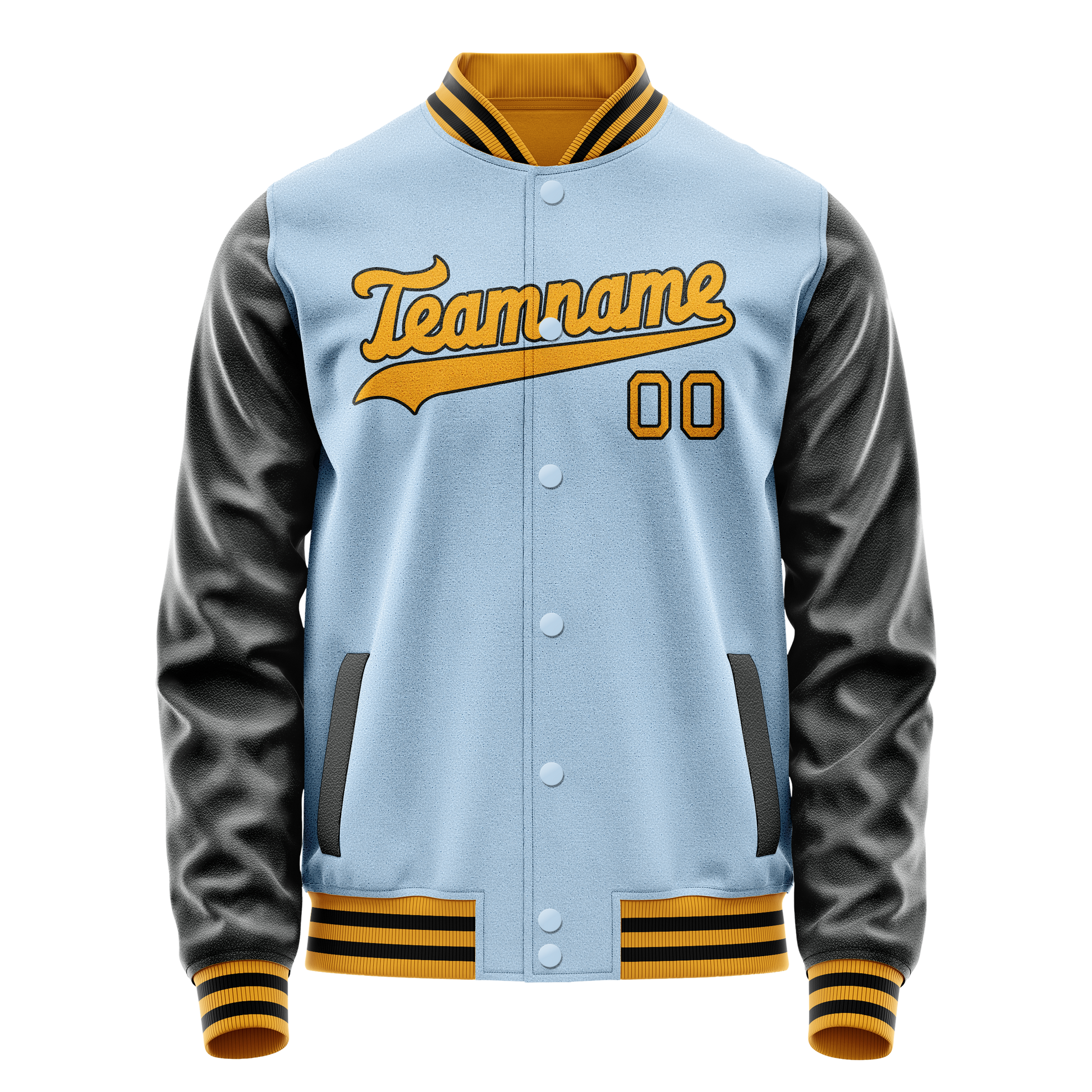 Custom Light-Blue Black Solid Color Varsity Letterman Jacket JA02240617JC243