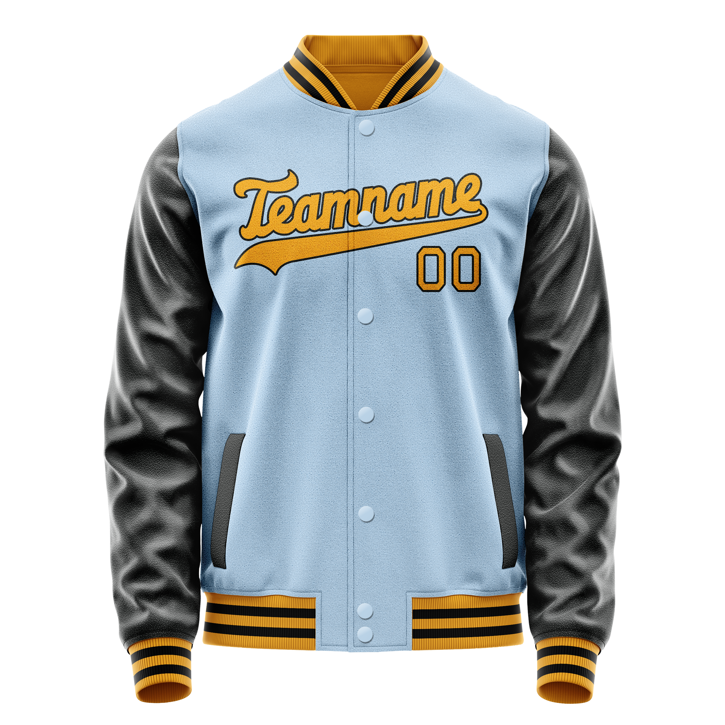 Custom Light-Blue Black Solid Color Varsity Letterman Jacket JA02240617JC243