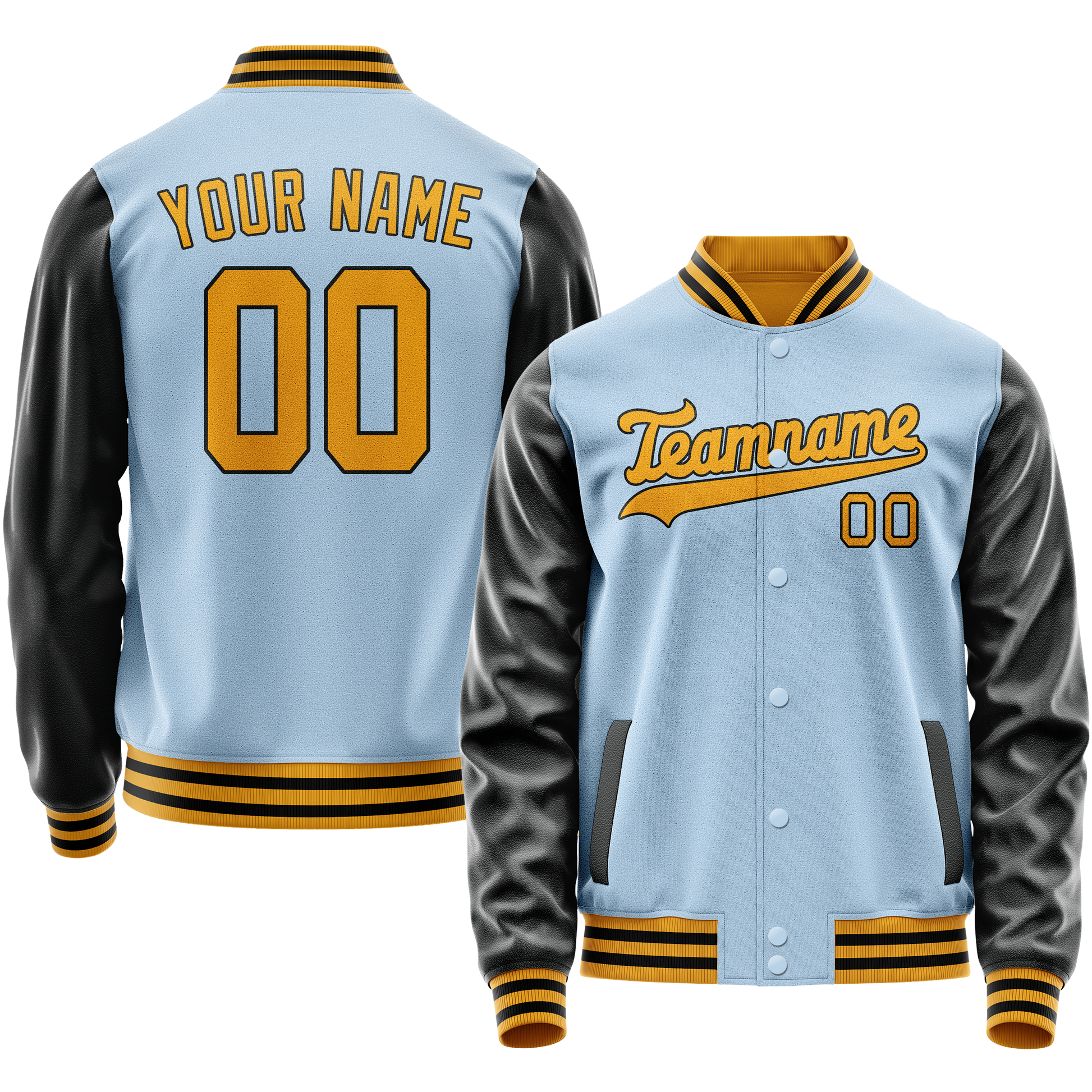 Custom Light-Blue Black Solid Color Varsity Letterman Jacket JA02240617JC243