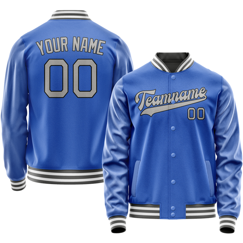 Custom Electric-Blue Gray Solid Color Varsity Letterman Jacket JA02240617YH124
