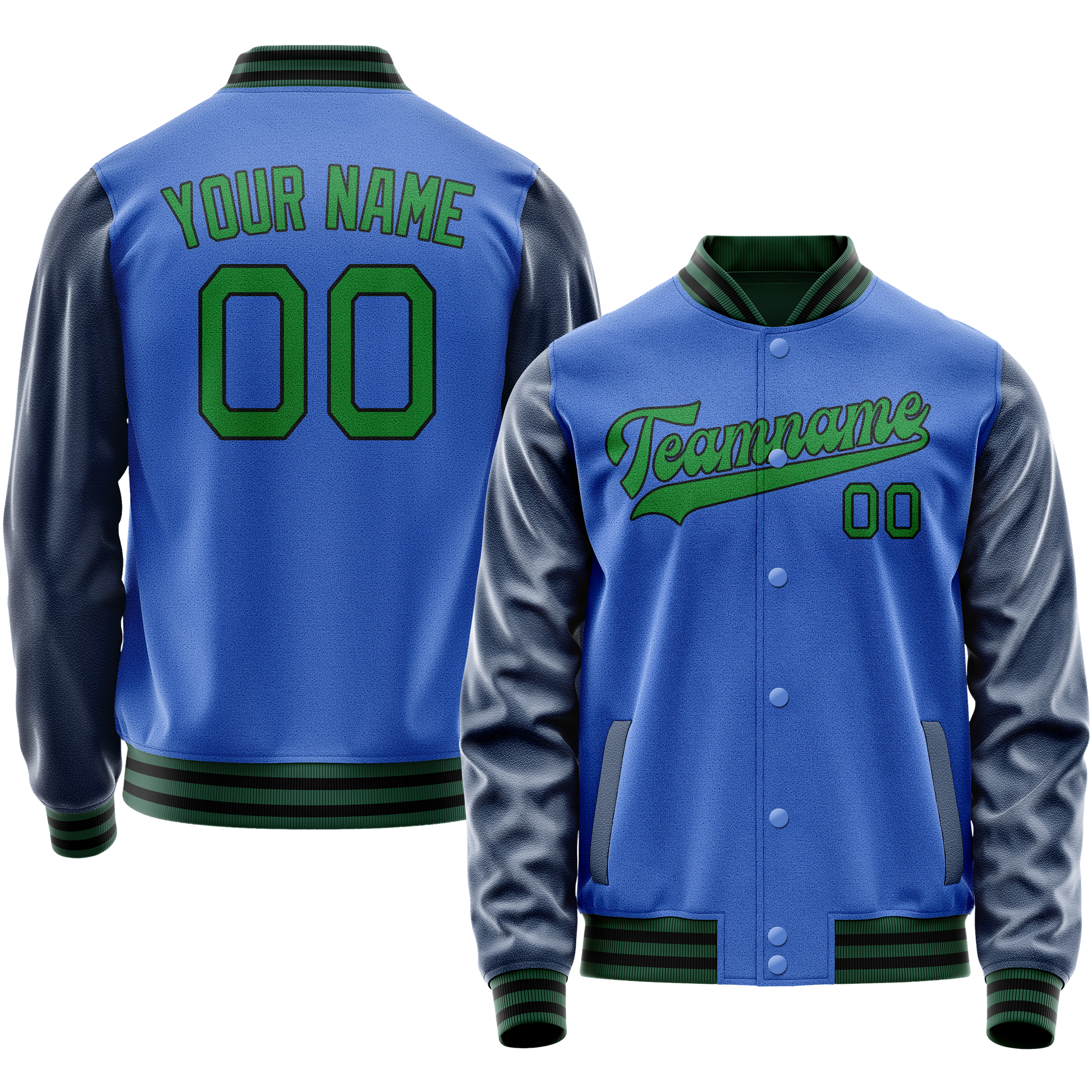 Custom Electric-Blue Neon-Green Solid Color Varsity Letterman Jacket JA02240617YH130