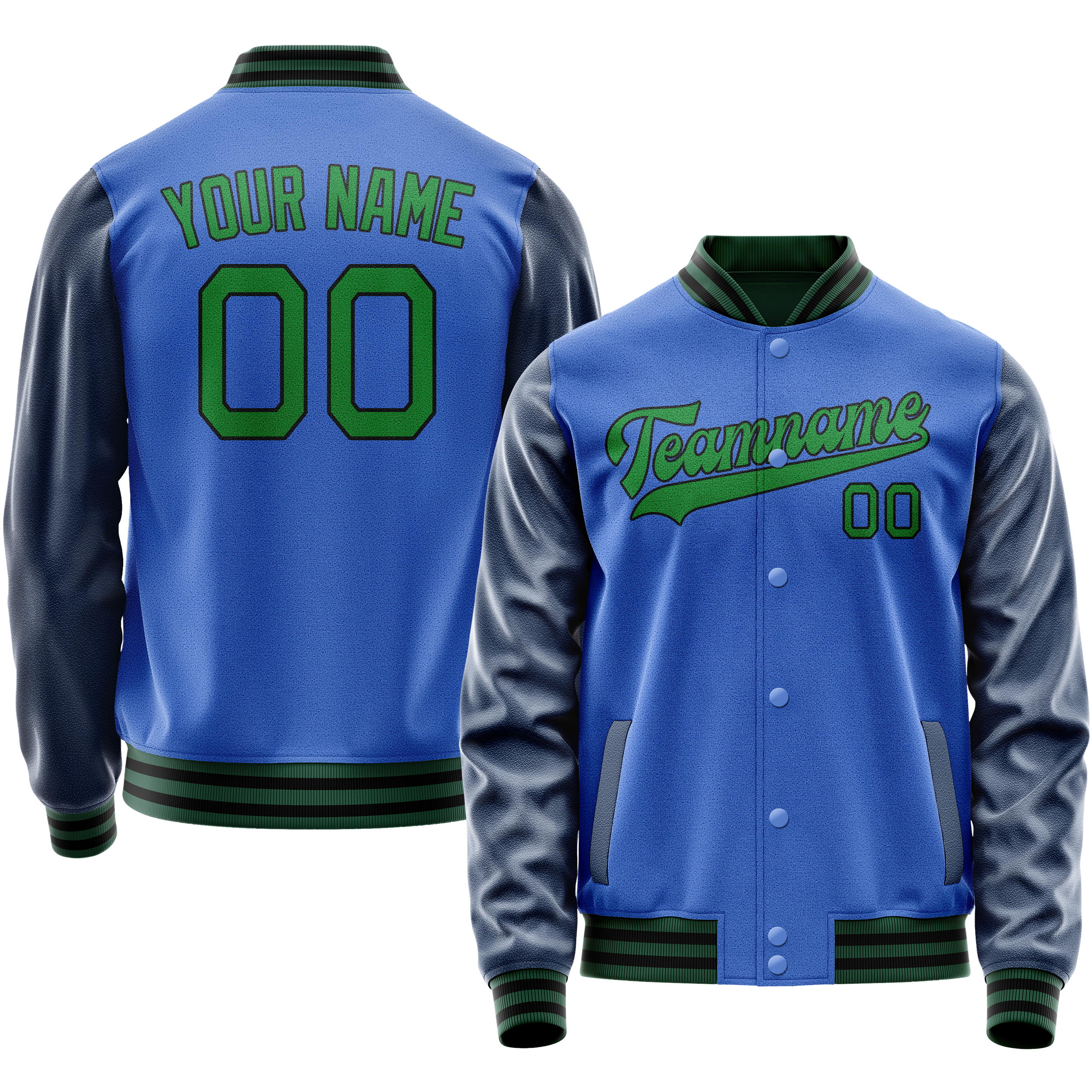 Custom Electric-Blue Neon-Green Solid Color Varsity Letterman Jacket JA02240617YH130