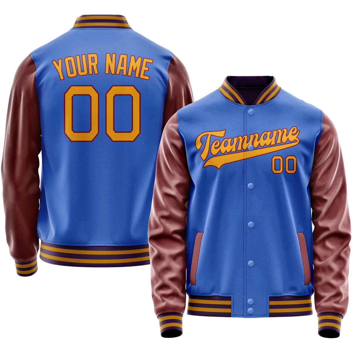Custom Electric-Blue Brown Solid Color Varsity Letterman Jacket JA02240617YH122