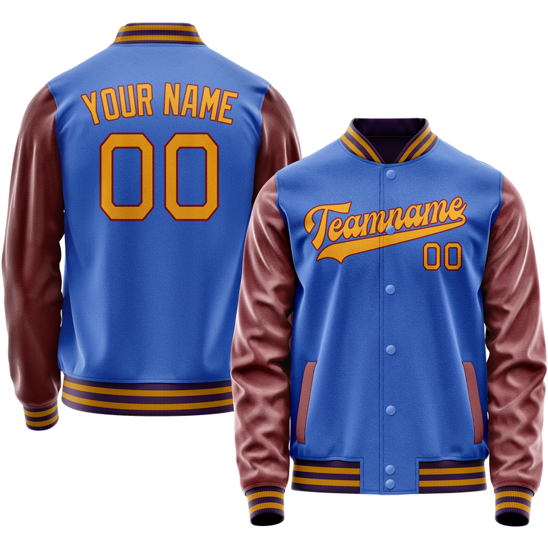 Custom Electric-Blue Brown Solid Color Varsity Letterman Jacket JA02240617YH122