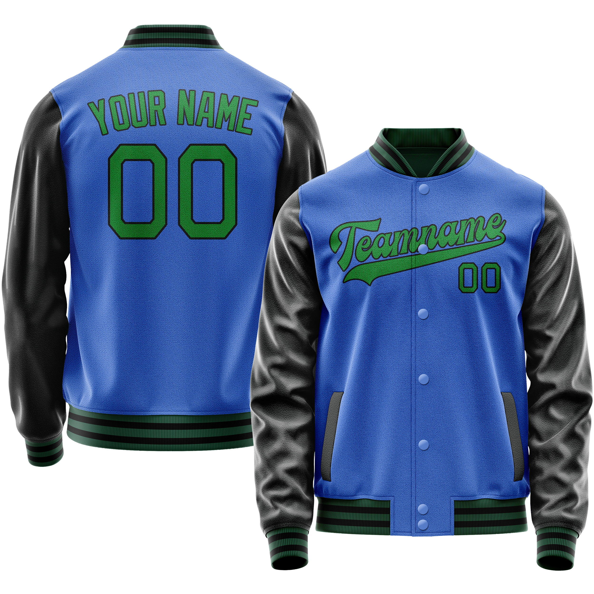 Custom Electric-Blue Neon-Green Solid Color Varsity Letterman Jacket JA02240617YH145