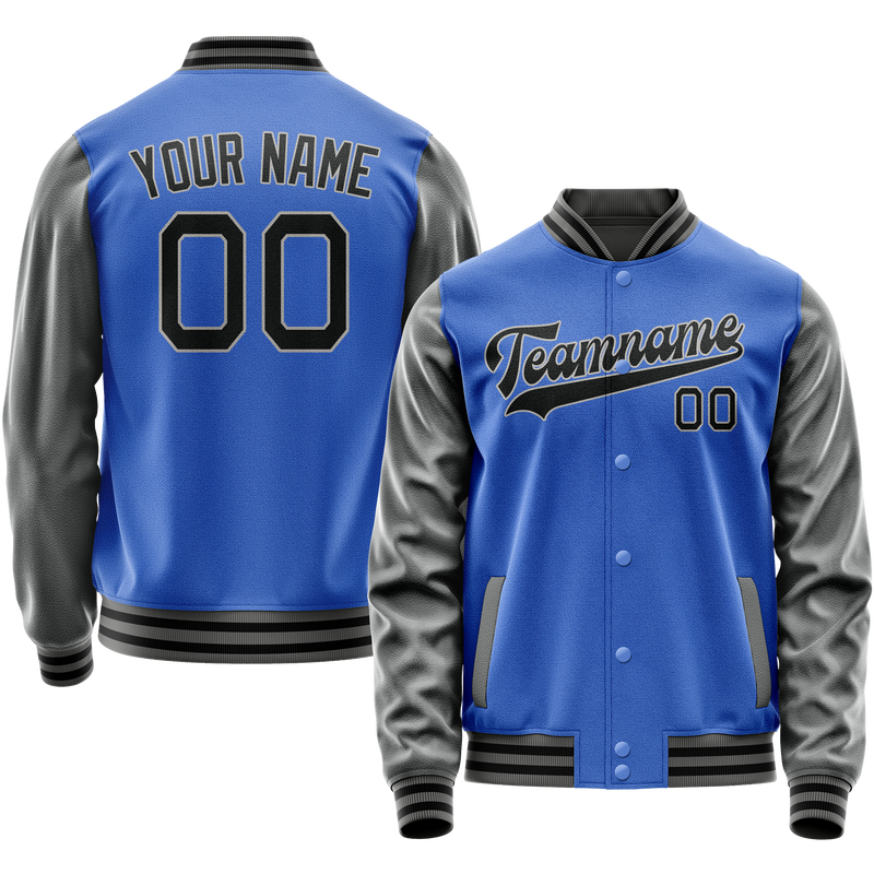 Custom Electric-Blue Gray Solid Color Varsity Letterman Jacket JA02240617YH132