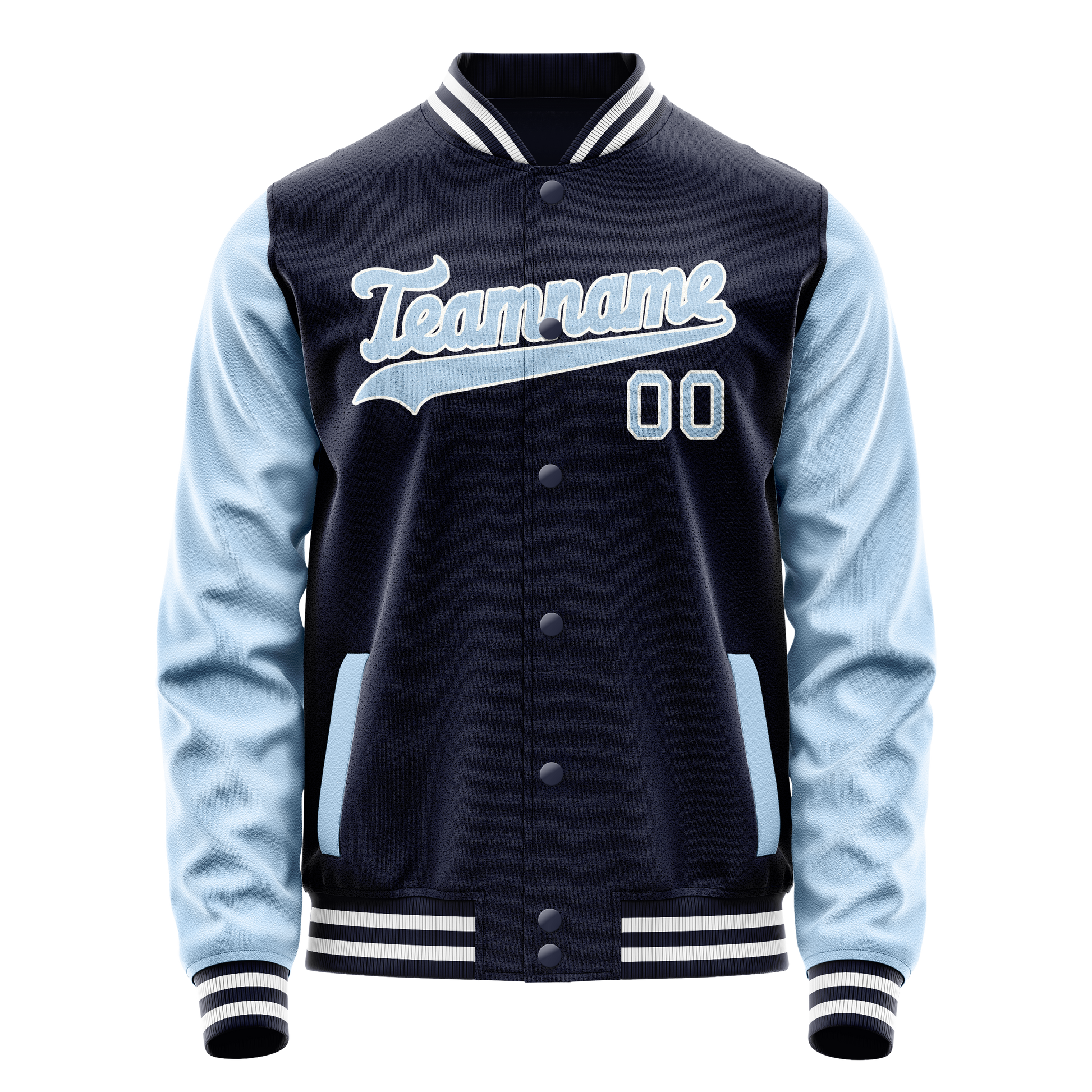 Custom Navy Light-Blue Solid Color Varsity Letterman Jacket JA02240617KZ294