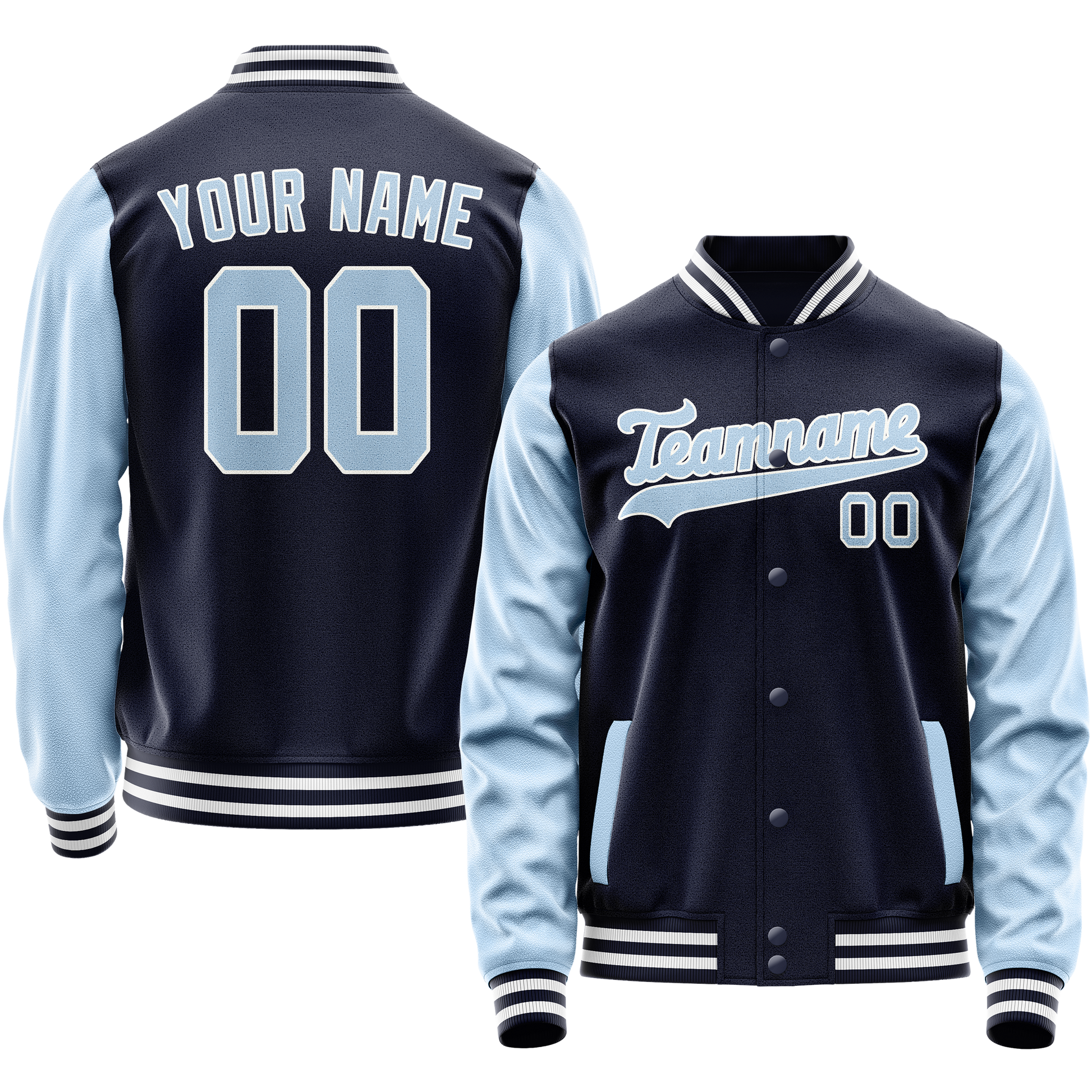 Custom Navy Light-Blue Solid Color Varsity Letterman Jacket JA02240617KZ294