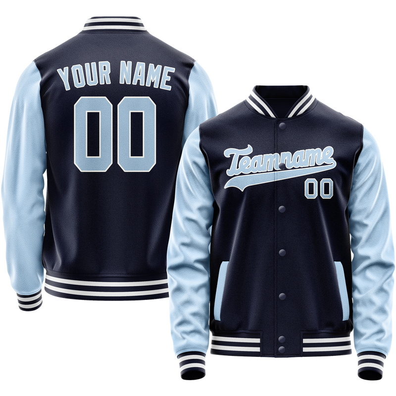 Custom Navy Light-Blue Solid Color Varsity Letterman Jacket JA02240617KZ294