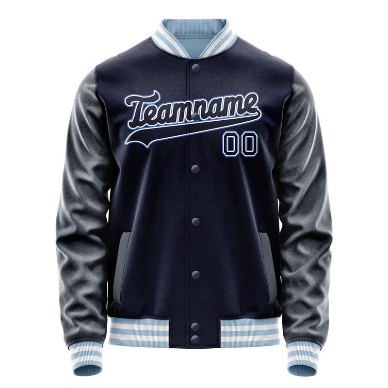 Custom Navy White Solid Color Varsity Letterman Jacket JA02240617KZ279