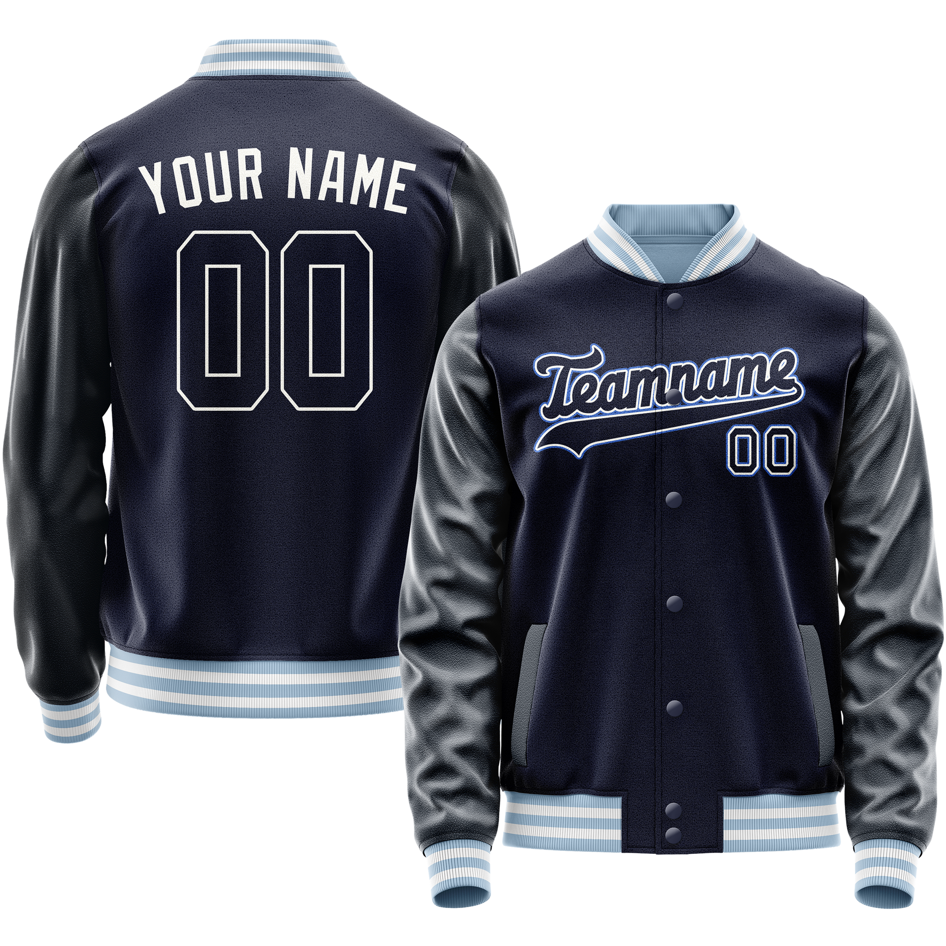 Custom Navy White Solid Color Varsity Letterman Jacket JA02240617KZ279
