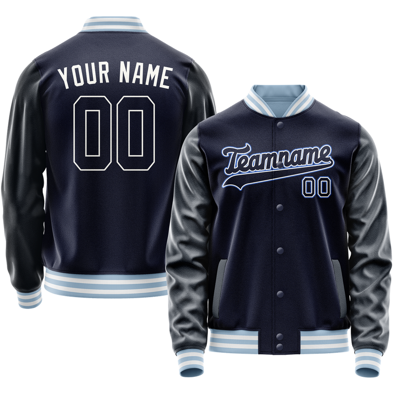 Custom Navy White Solid Color Varsity Letterman Jacket JA02240617KZ279