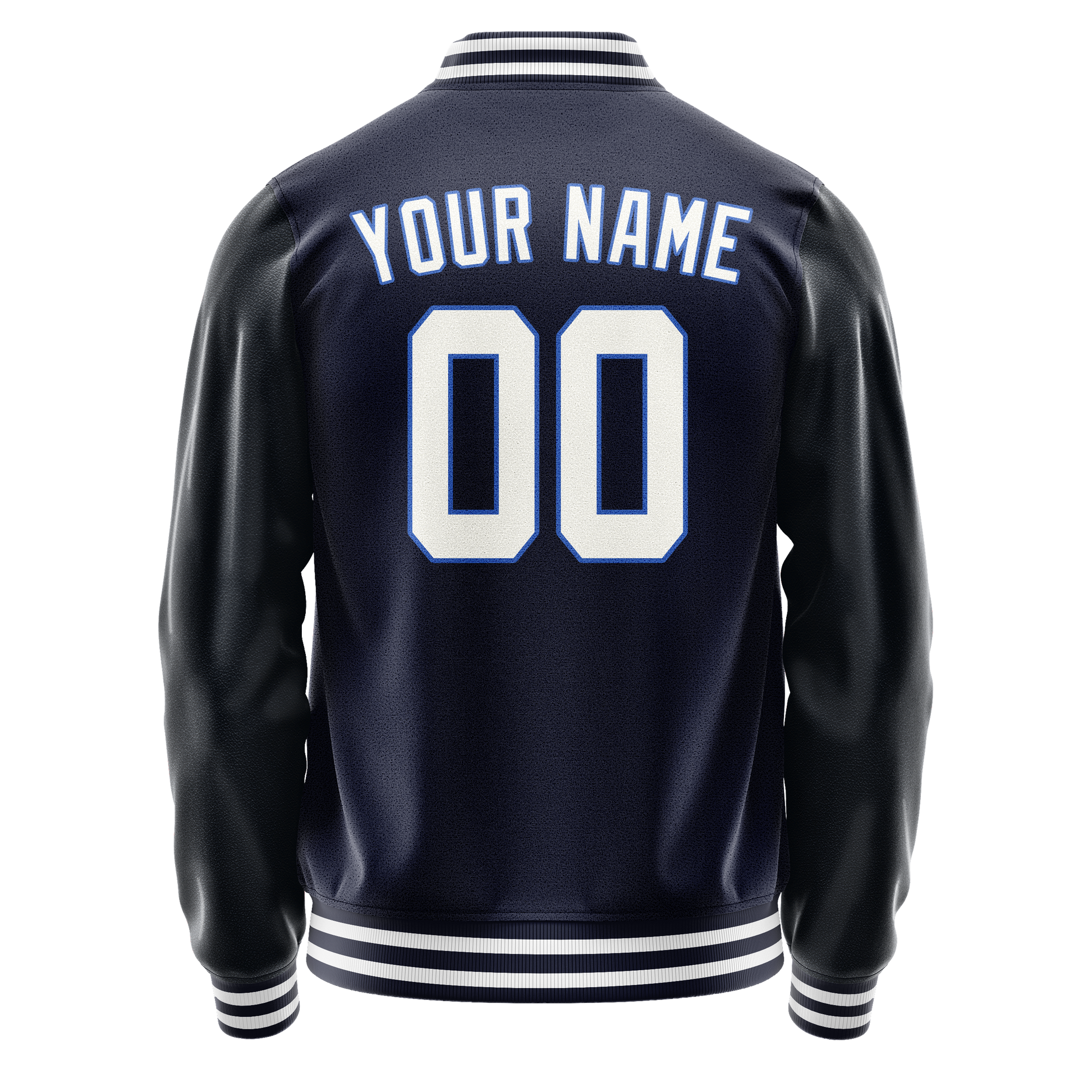 Custom Navy White Solid Color Varsity Letterman Jacket JA02240617KZ269