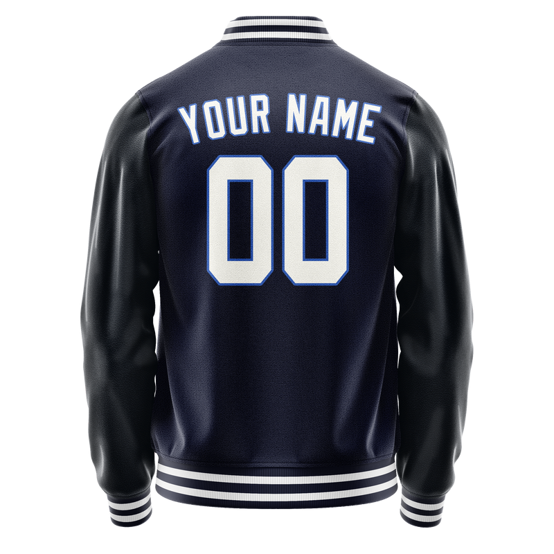 Custom Navy White Solid Color Varsity Letterman Jacket JA02240617KZ269
