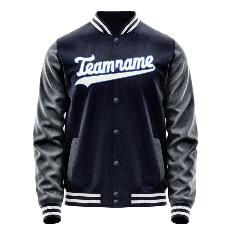 Custom Navy White Solid Color Varsity Letterman Jacket JA02240617KZ269