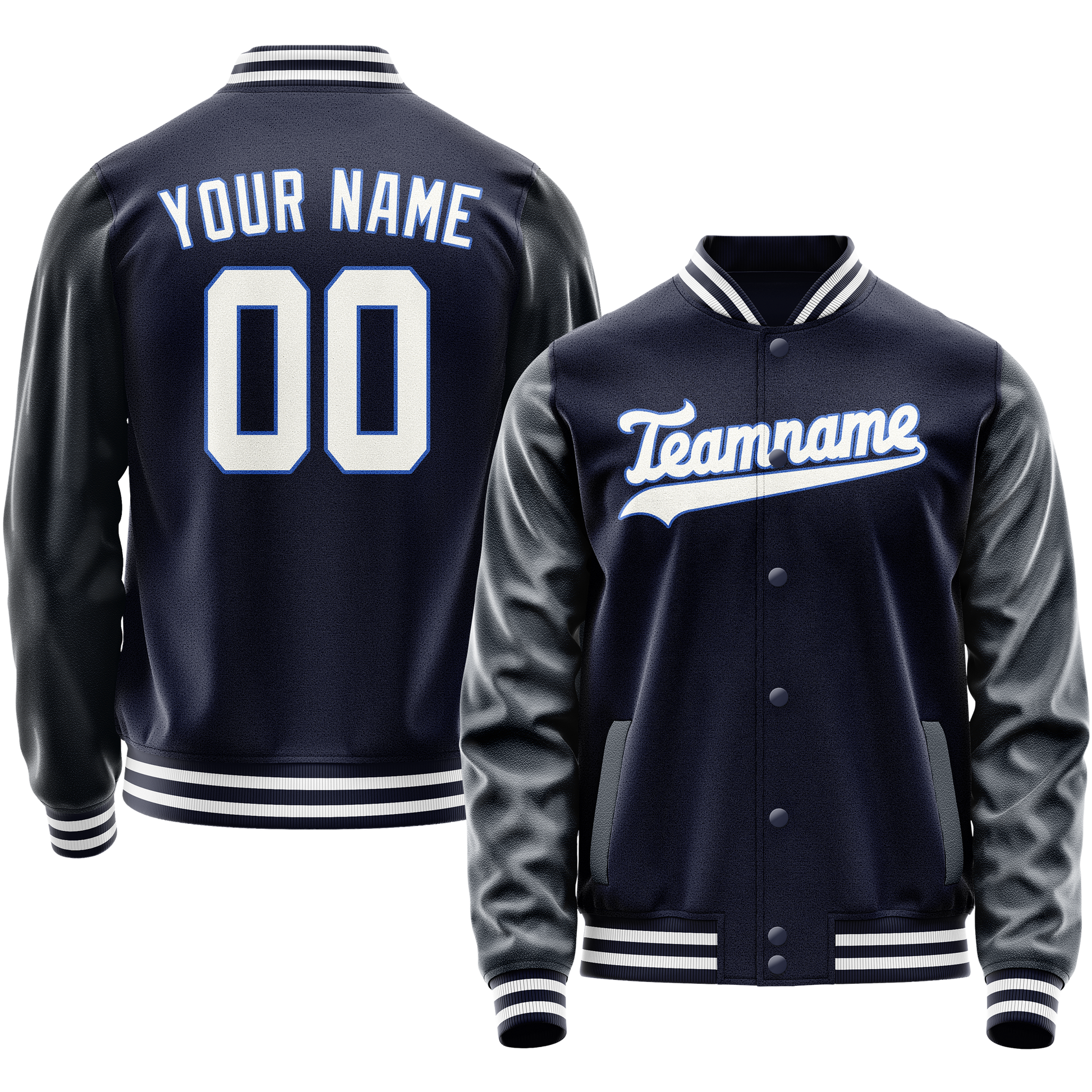 Custom Navy White Solid Color Varsity Letterman Jacket JA02240617KZ269