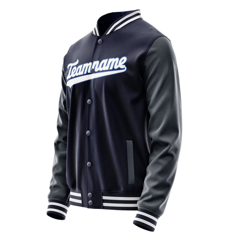 Custom Navy White Solid Color Varsity Letterman Jacket JA02240617KZ269