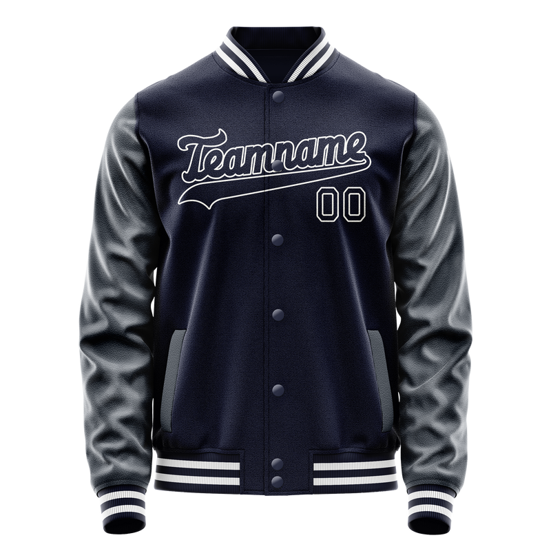 Custom Navy White Solid Color Varsity Letterman Jacket JA02240617KZ273