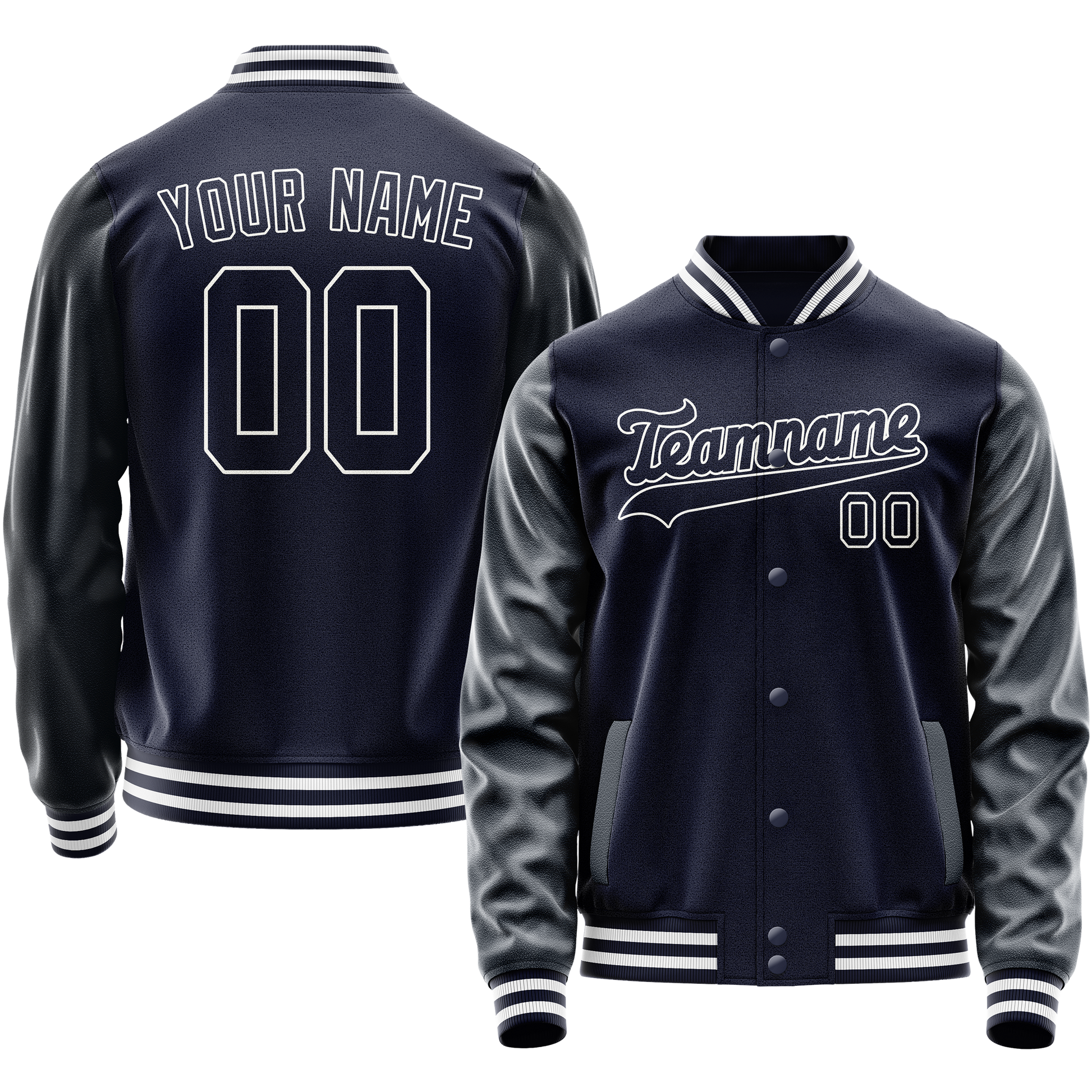 Custom Navy White Solid Color Varsity Letterman Jacket JA02240617KZ273