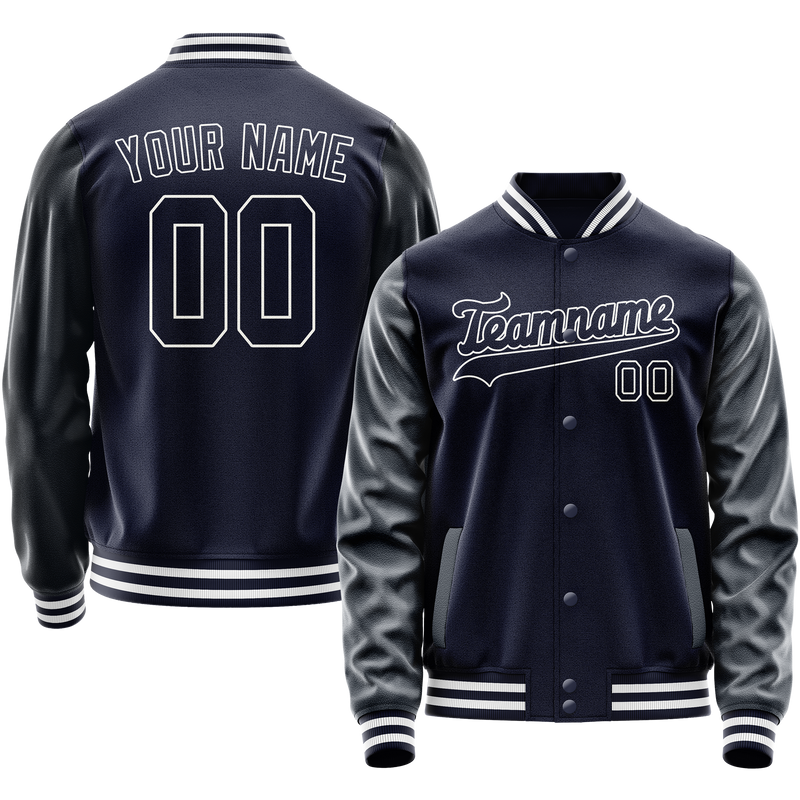 Custom Navy White Solid Color Varsity Letterman Jacket JA02240617KZ273