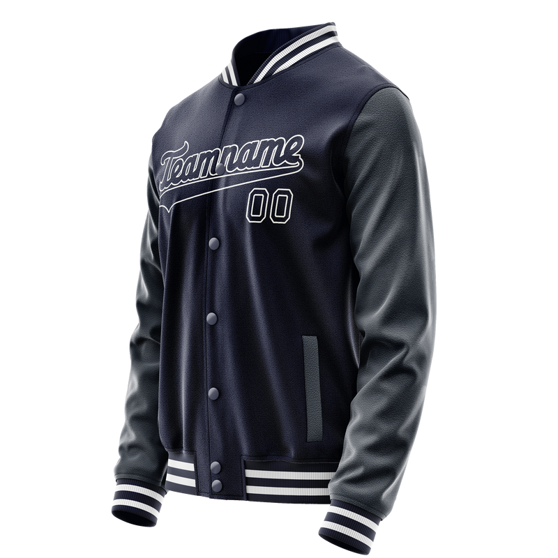 Custom Navy White Solid Color Varsity Letterman Jacket JA02240617KZ273