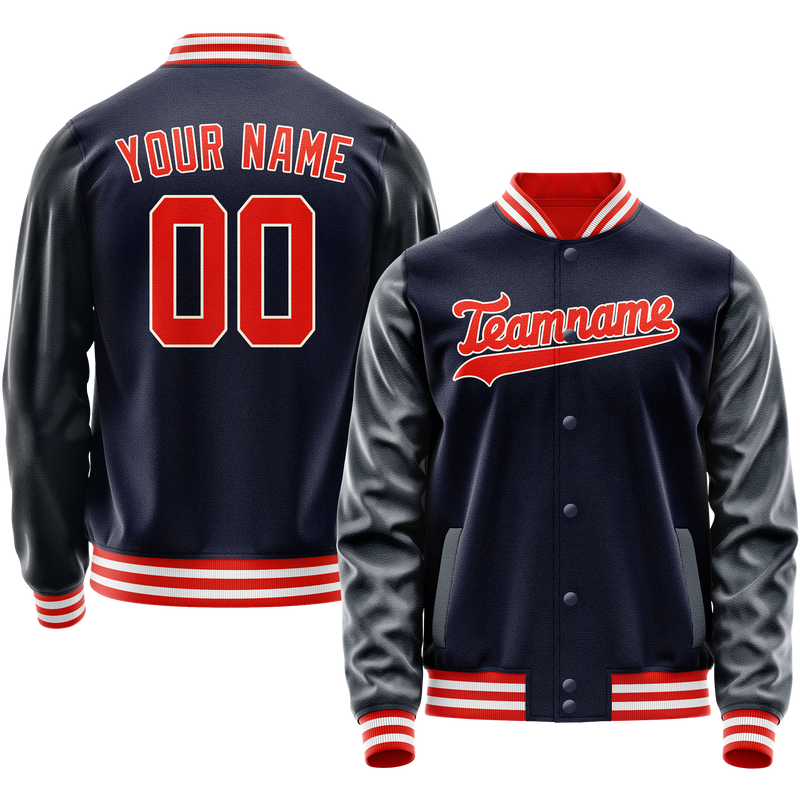 Custom Navy Orange Solid Color Varsity Letterman Jacket JA02240617KZ268