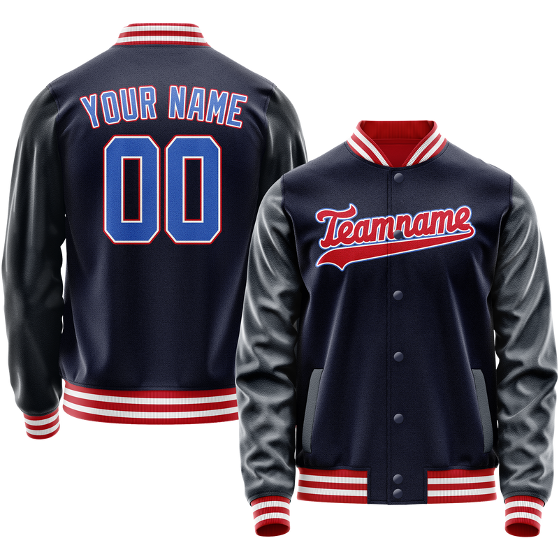 Custom Navy Red Solid Color Varsity Letterman Jacket JA02240617KZ280