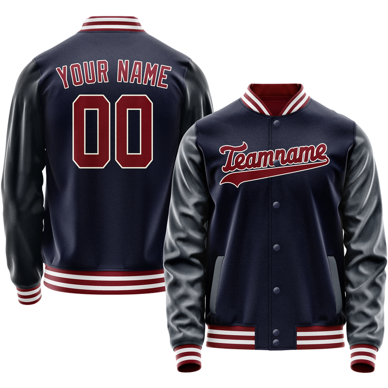 Custom Navy Crimson Solid Color Varsity Letterman Jacket JA02240617KZ267