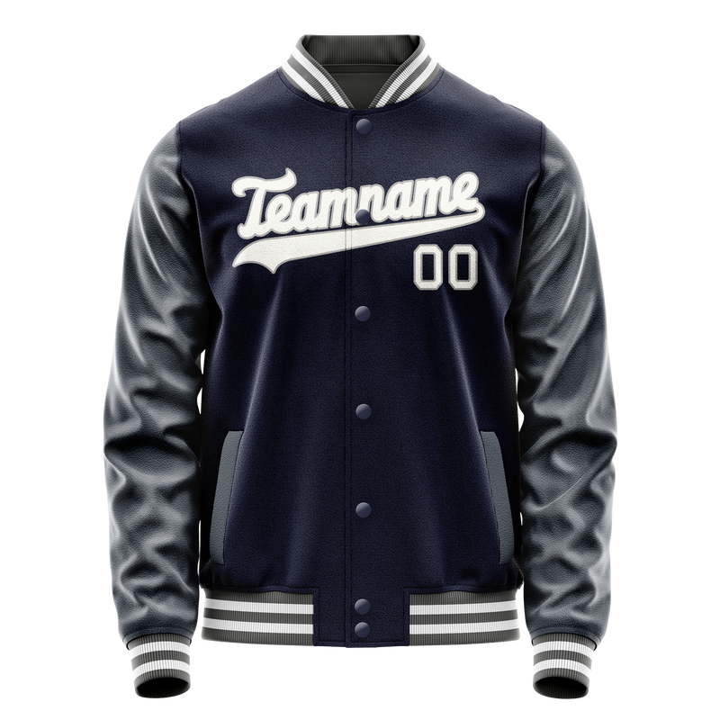 Custom Navy White Solid Color Varsity Letterman Jacket JA02240617KZ271