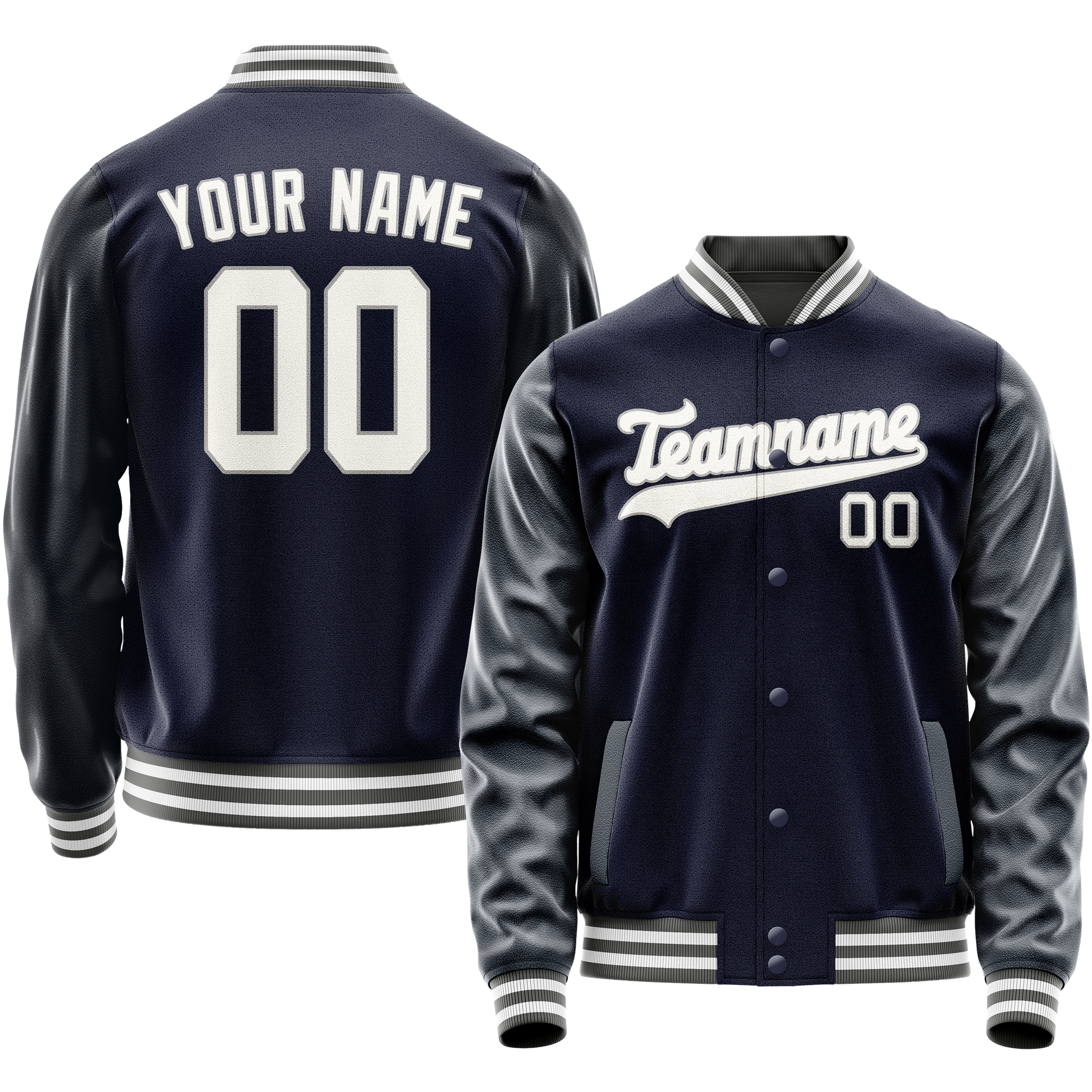 Custom Navy White Solid Color Varsity Letterman Jacket JA02240617KZ271