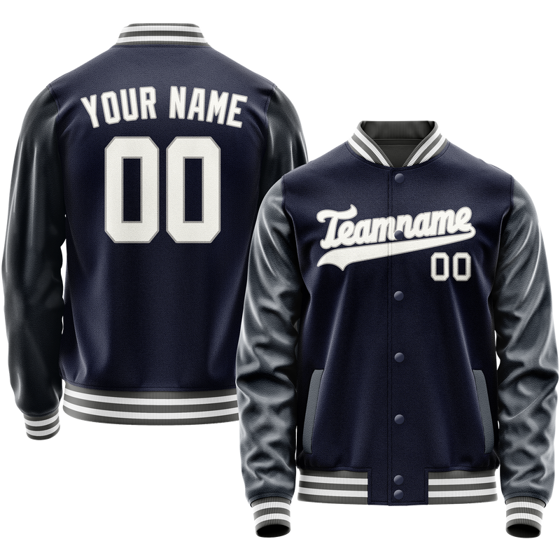 Custom Navy White Solid Color Varsity Letterman Jacket JA02240617KZ271