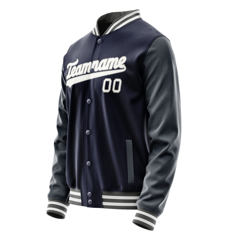 Custom Navy White Solid Color Varsity Letterman Jacket JA02240617KZ271