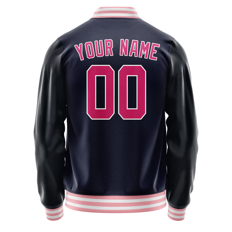 Custom Navy Pink Solid Color Varsity Letterman Jacket JA02240617KZ281