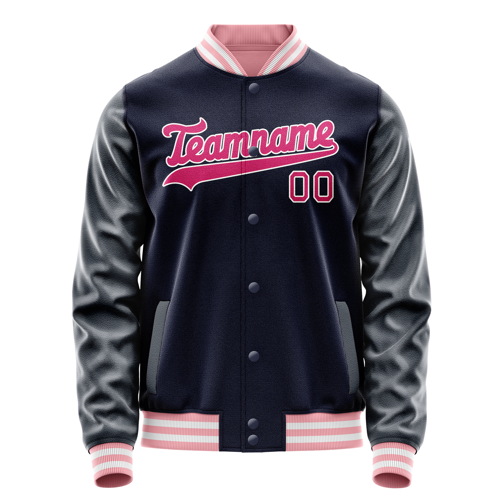 Custom Navy Pink Solid Color Varsity Letterman Jacket JA02240617KZ281