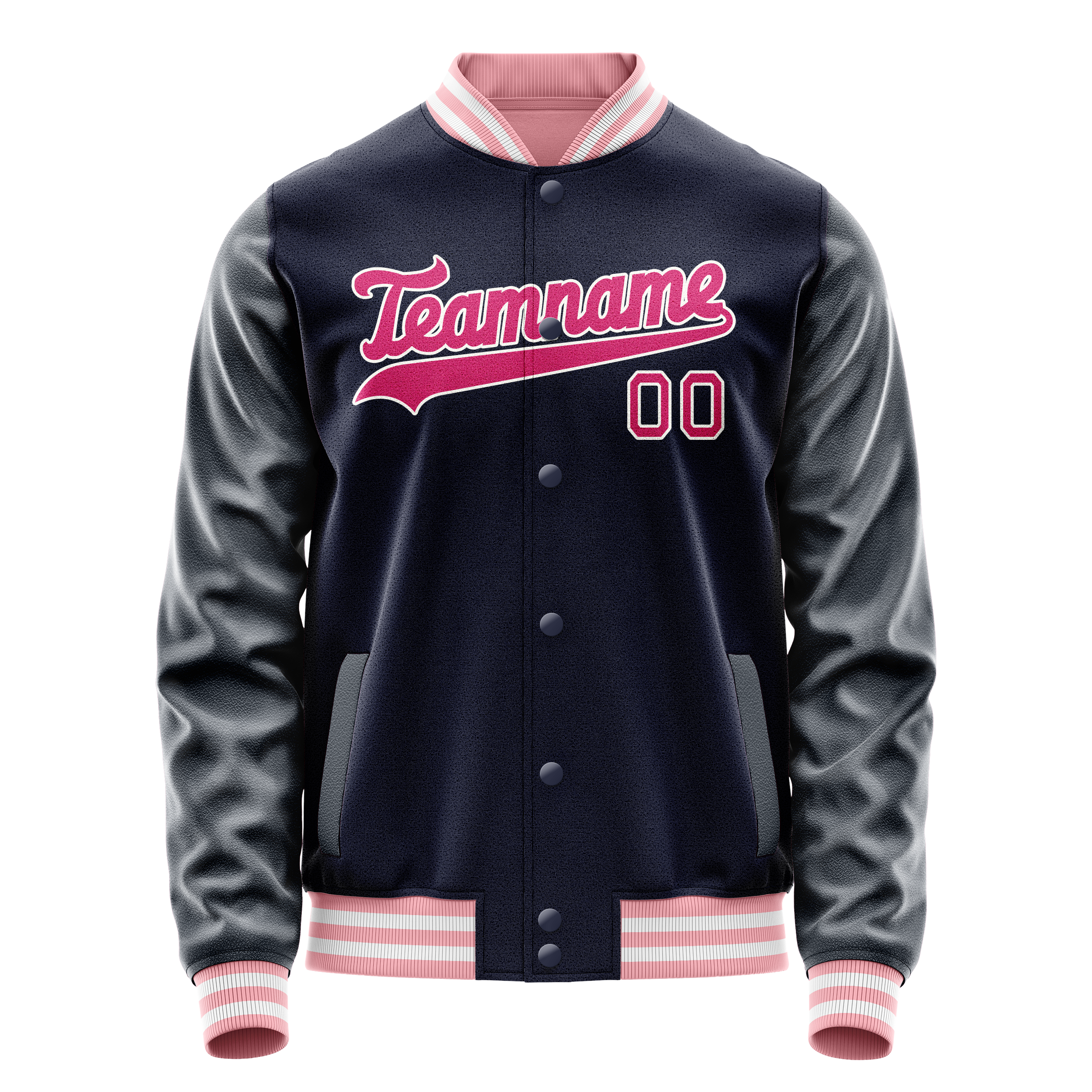 Custom Navy Pink Solid Color Varsity Letterman Jacket JA02240617KZ281
