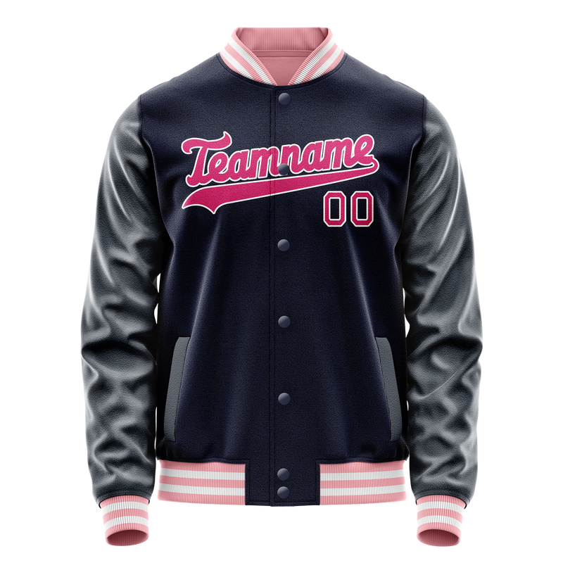 Custom Navy Pink Solid Color Varsity Letterman Jacket JA02240617KZ281