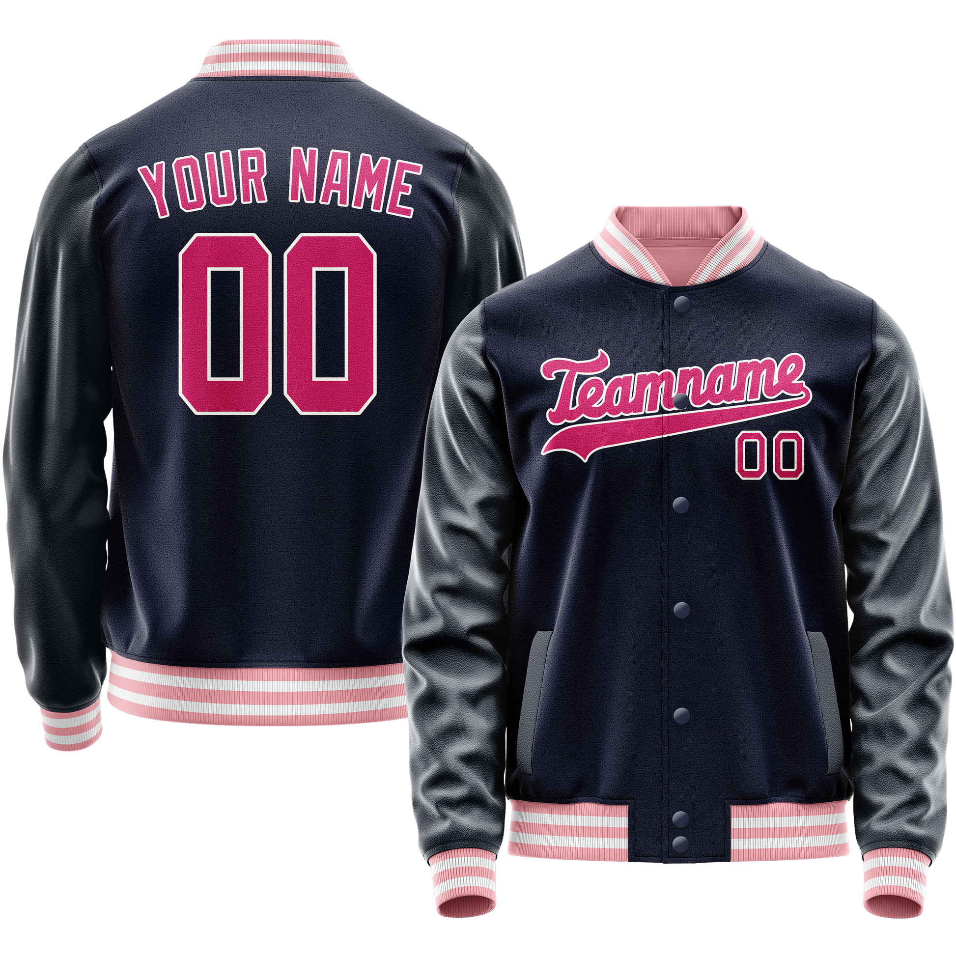 Custom Navy Pink Solid Color Varsity Letterman Jacket JA02240617KZ281