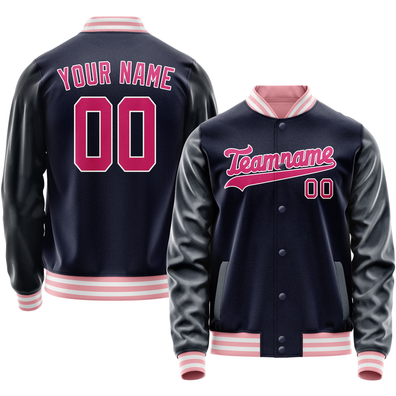 Custom Navy Pink Solid Color Varsity Letterman Jacket JA02240617KZ281