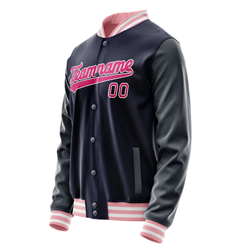 Custom Navy Pink Solid Color Varsity Letterman Jacket JA02240617KZ281