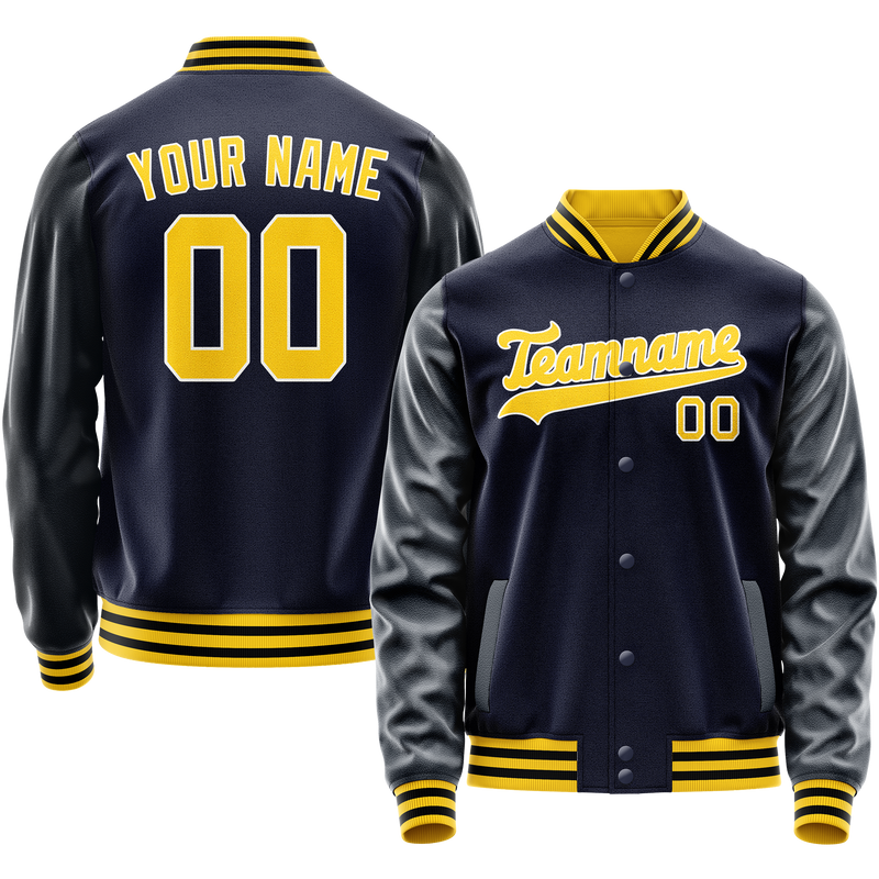 Custom Navy Gold Solid Color Varsity Letterman Jacket JA02240617KZ270