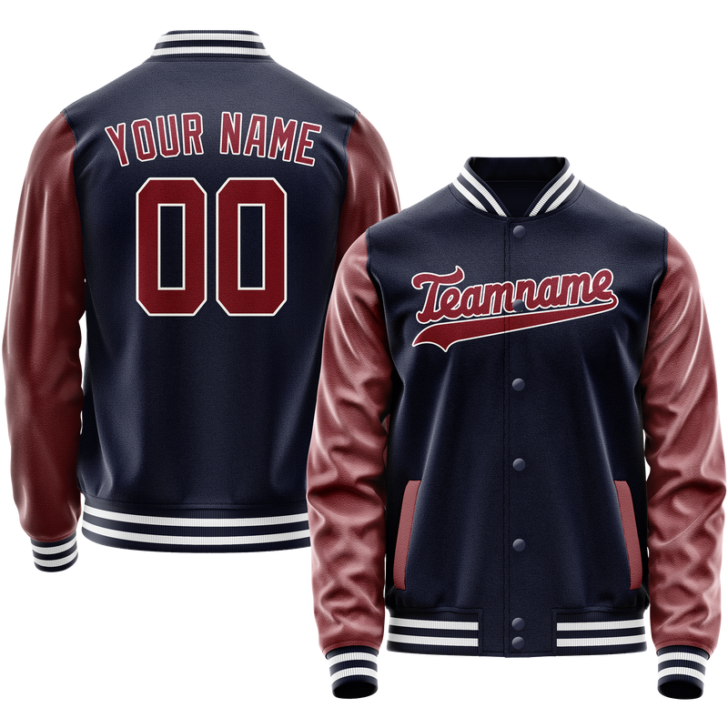 Custom Navy Crimson Solid Color Varsity Letterman Jacket JA02240617KZ297