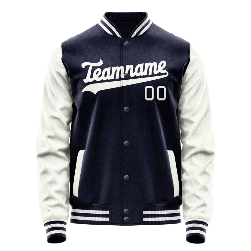 Custom Navy White Solid Color Varsity Letterman Jacket JA02240617KZ266