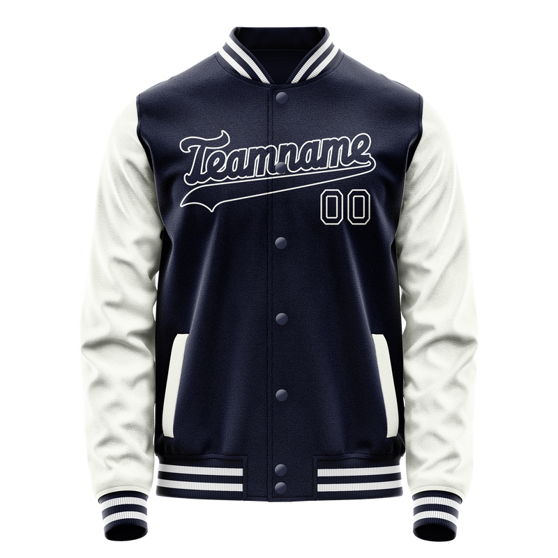 Custom Navy White Solid Color Varsity Letterman Jacket JA02240617KZ284