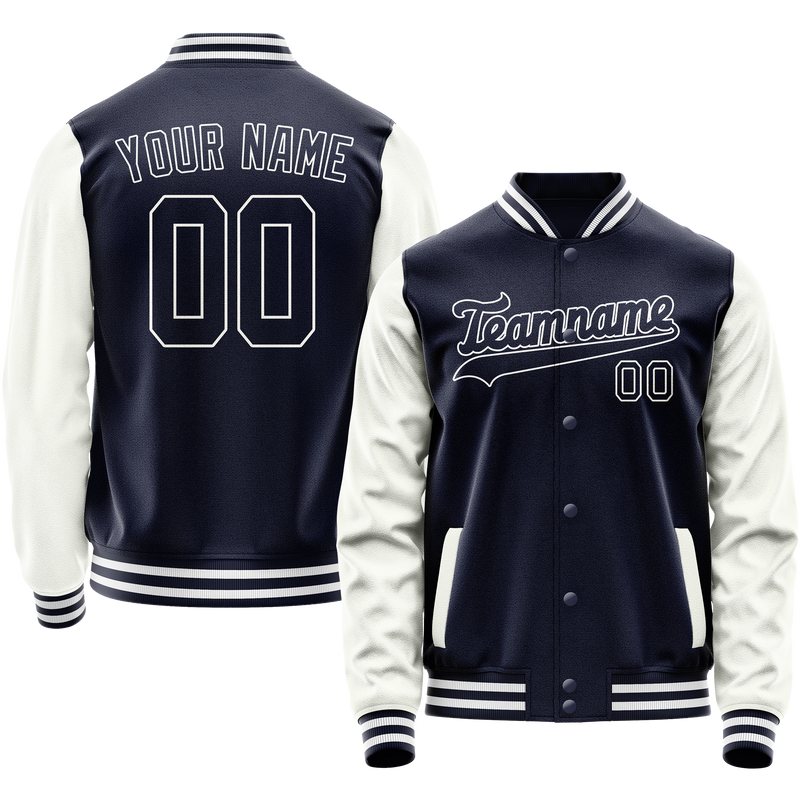 Custom Navy White Solid Color Varsity Letterman Jacket JA02240617KZ284