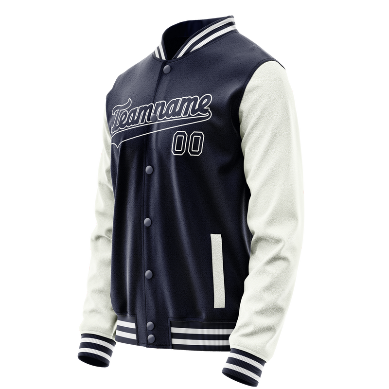 Custom Navy White Solid Color Varsity Letterman Jacket JA02240617KZ284